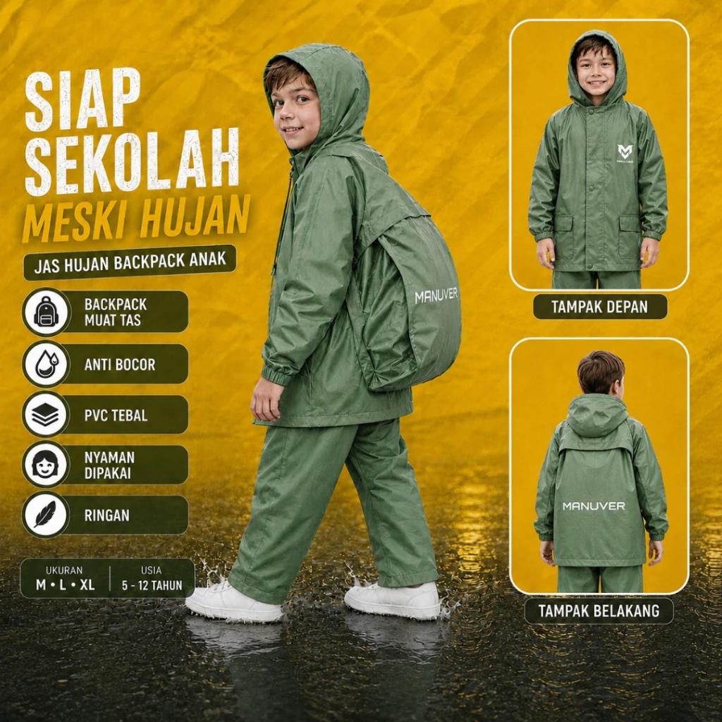 Jas hujan anak model backpack dengan ruang ransel